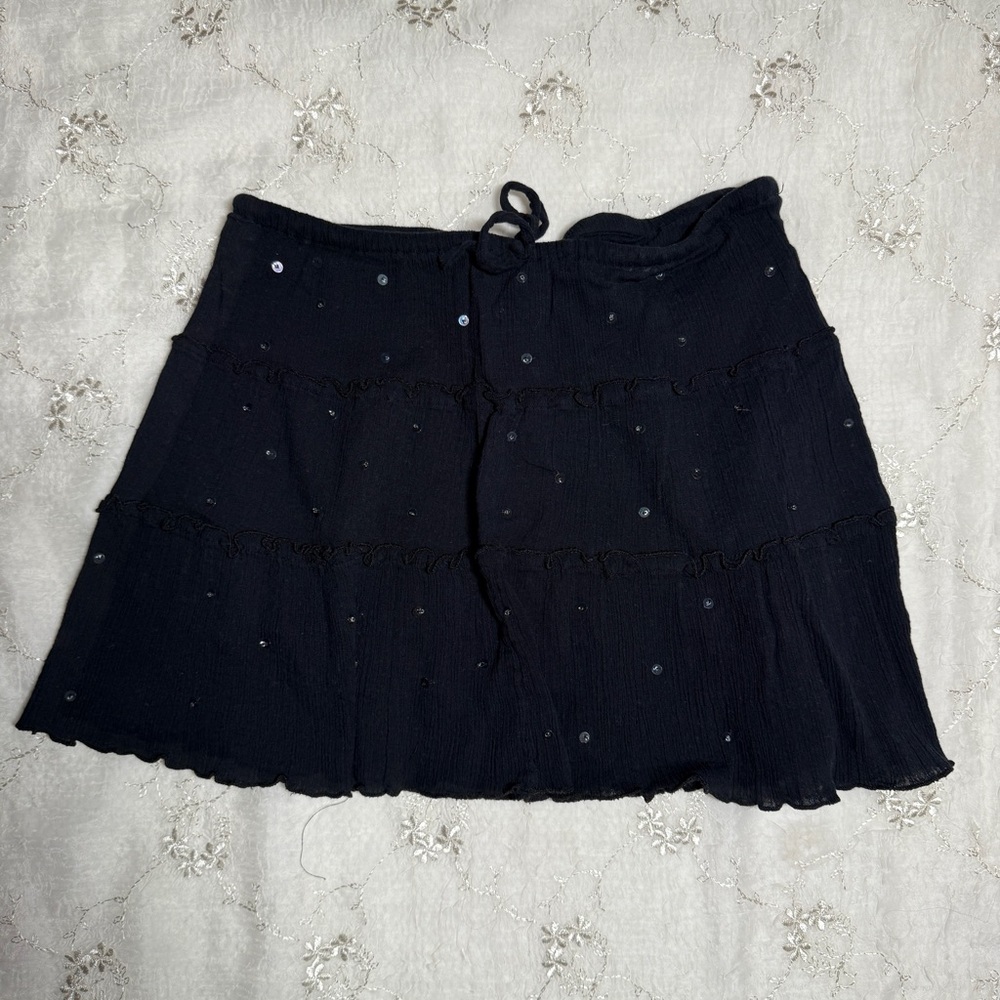 Vintage Y2K Black Sequin Ruffle Mini Skirt – Size 26